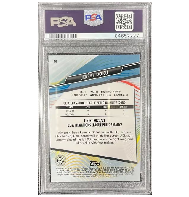 Jeremy Doku Signed 2020-21 Topps UCL Finest Rookie #40 – PSA Authentic